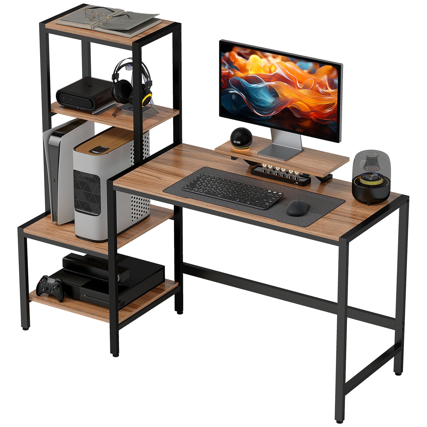 Computer Desk with Monitor Stand & Reversible 4-Tier Shelf (59″, Industrial Brown)