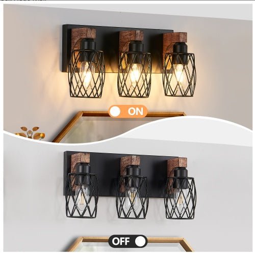 Industrial Vintage 3-Light Wall Sconce with Black Cage Design & Wooden Accents for Bathroom, Hallway or Living Room (Bulb Not Included)