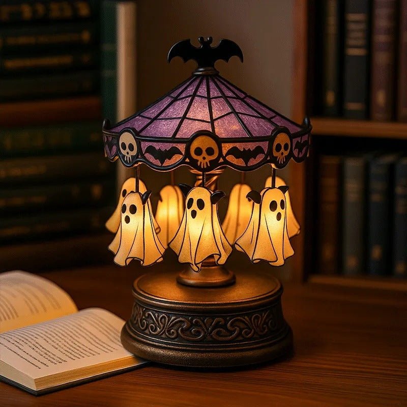Ghost Carousel Night Light, Halloween Themed Bedside Lamp for Home, Bedroom & Holiday Decoration