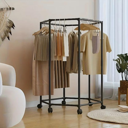 Hexagonal Rotating Clothes Hanger – Freestanding Metal Garment Rack with Wheels