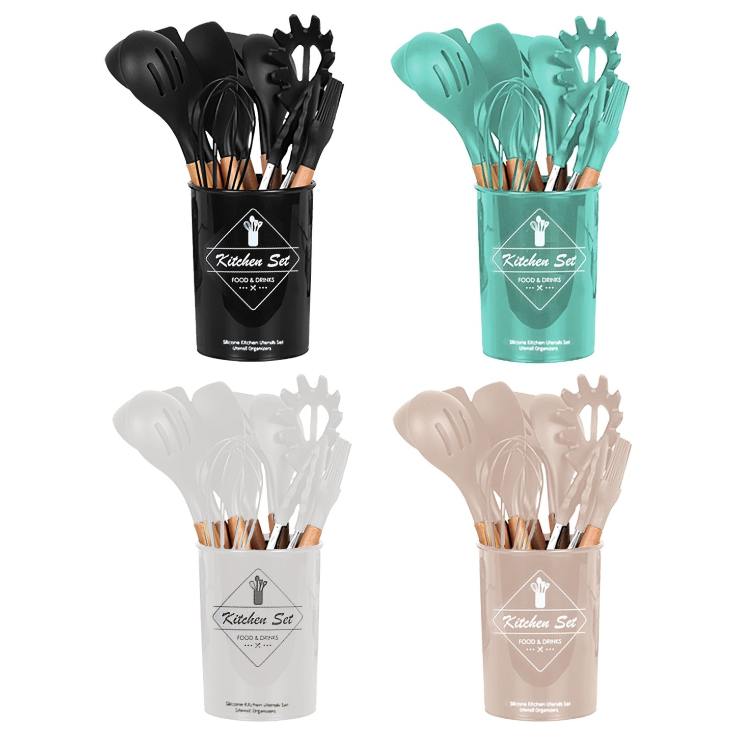 35Pcs Kitchen Cooking Utensils Set with Holder – Spatula, Whisk, Tongs, Spoons, Cups, Separator (4 Colors)