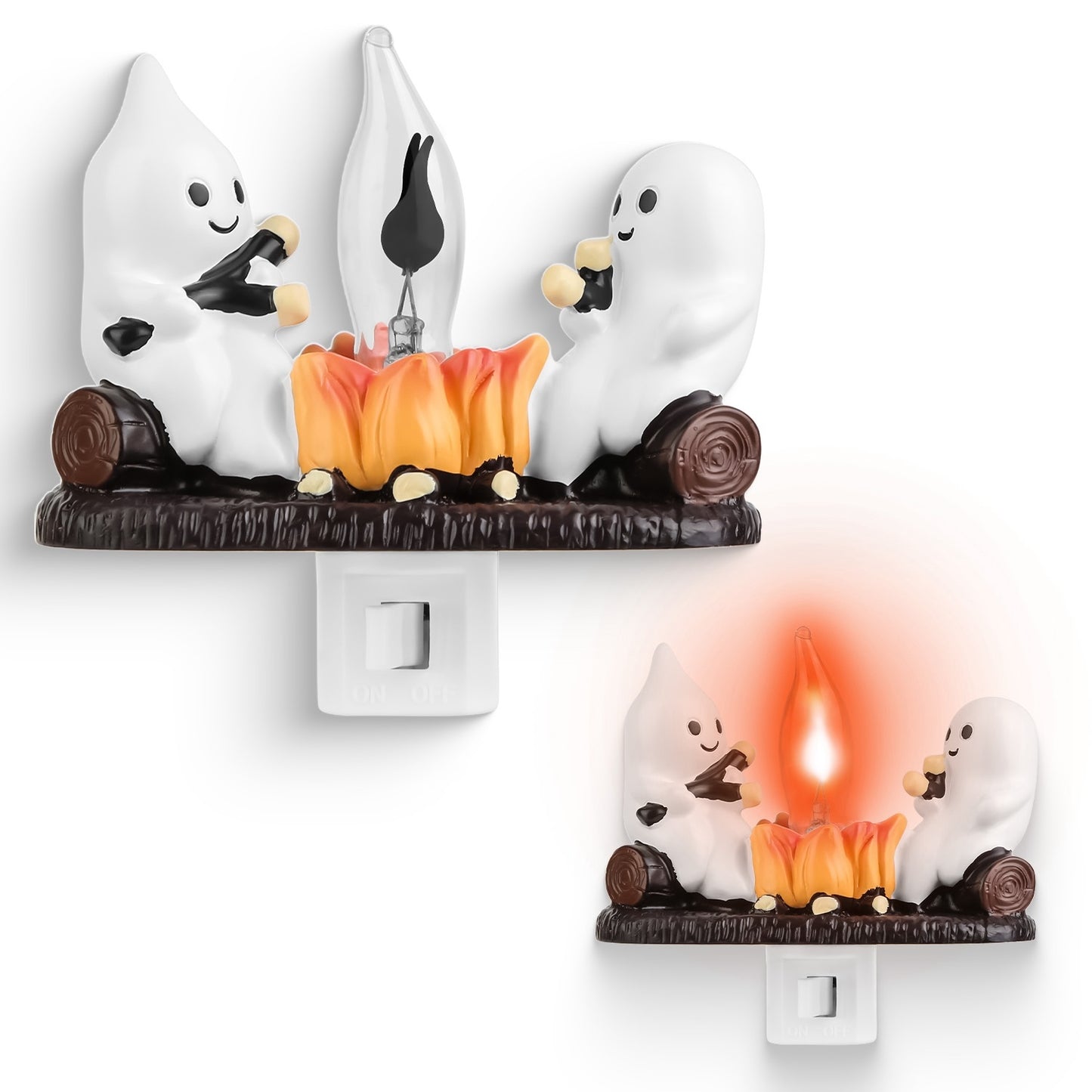 2Pcs Ghost Campfire Flickering Flame Night Light, Funny Halloween Bedroom Nightlight & Holiday Decoration Gift