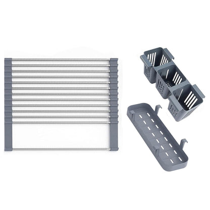 Expandable Roll Up Dish Drying Rack With 2 Removable Baskets Multipurpose Kitchen Drainer Caddy Organizer Storage Shelf Holder Stainless Steel Over The Sink Dish Drainer Space-Saving