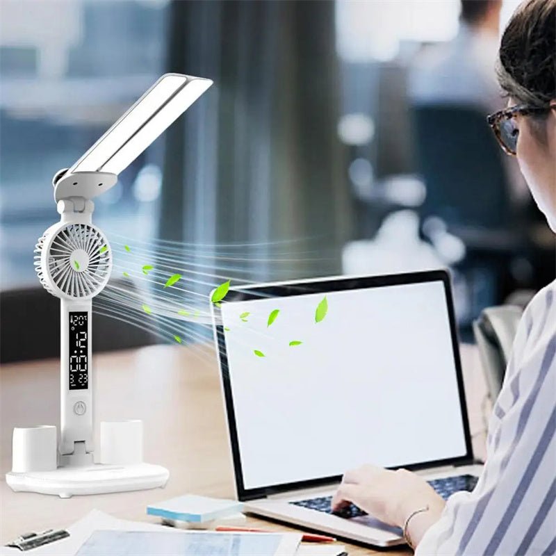 Multifunction LED Desk Lamp, Foldable with Fan, Clock, & Pen Holder