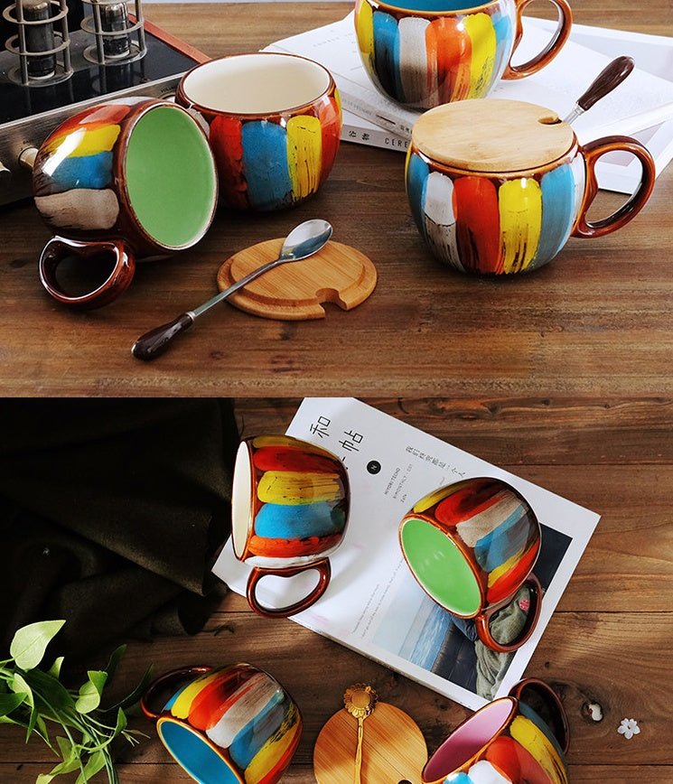 Creative Ceramic Mug with Lid & Spoon – Colorful Coffee, Milk & Breakfast Cup