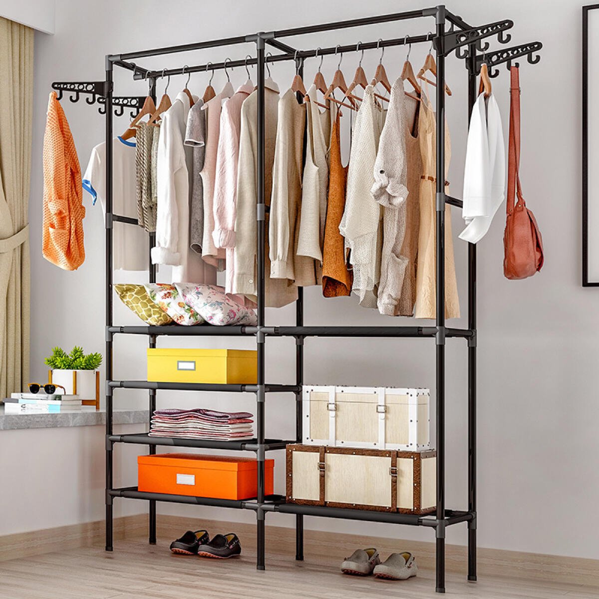 Multi-functional Double Rod Clothes Rack with Rotatable Tiers in White/Black - DonoHome