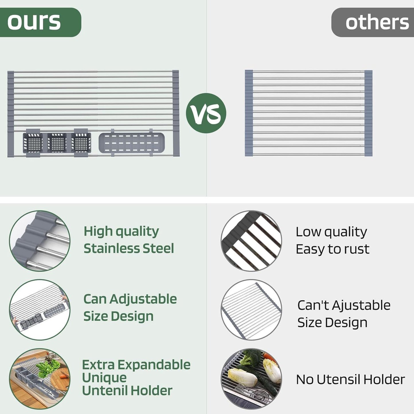 Expandable Roll Up Dish Drying Rack With 2 Removable Baskets Multipurpose Kitchen Drainer Caddy Organizer Storage Shelf Holder Stainless Steel Over The Sink Dish Drainer Space-Saving