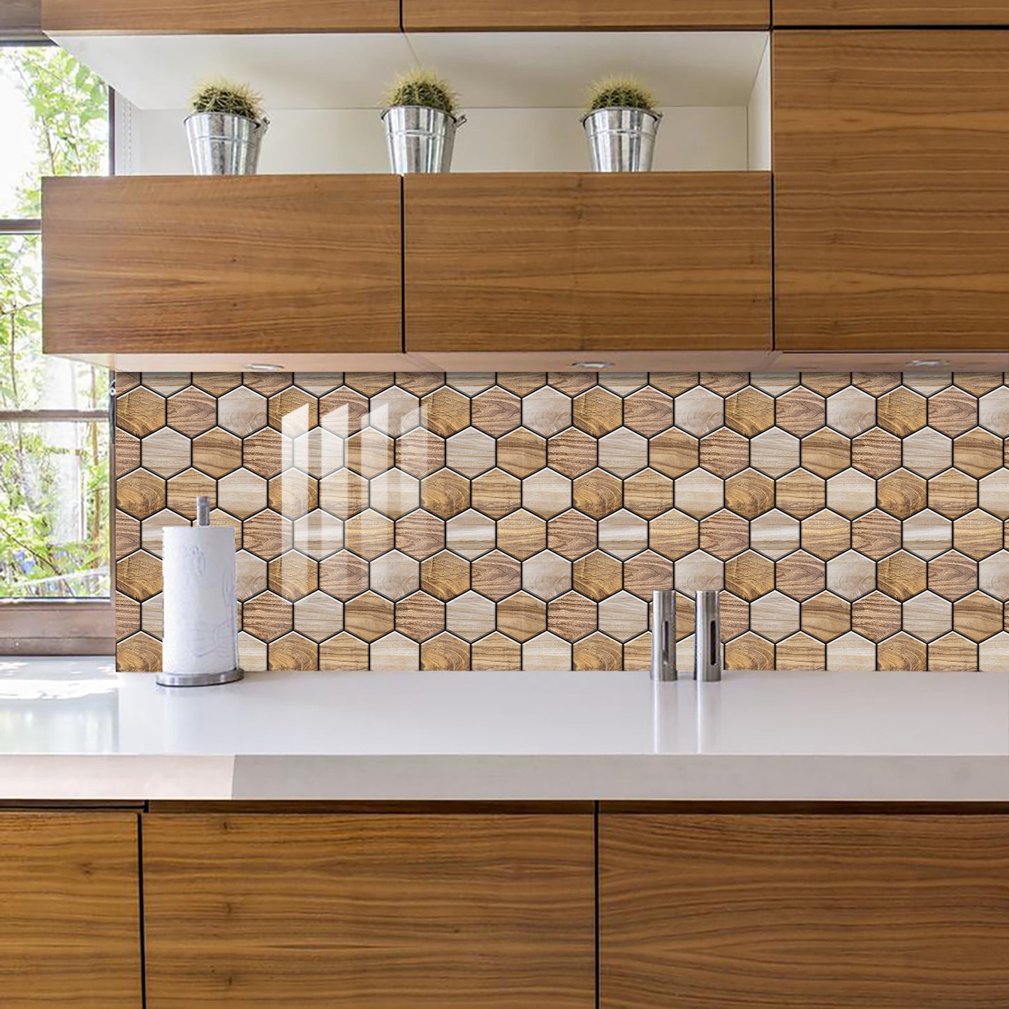 Hexagonal Wood Grain Peel & Stick Wall Tiles – Waterproof Self-Adhesive Backsplash for Kitchen & Bathroom