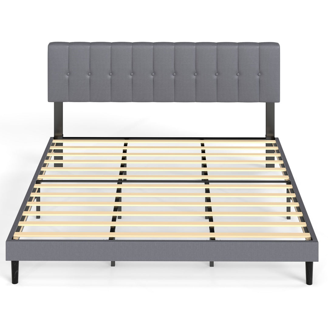 Upholstered Platform Bed Frame with Tufted Headboard (Gray, Iron Frame & Wood Slats) – Twin/Full/Queen/King