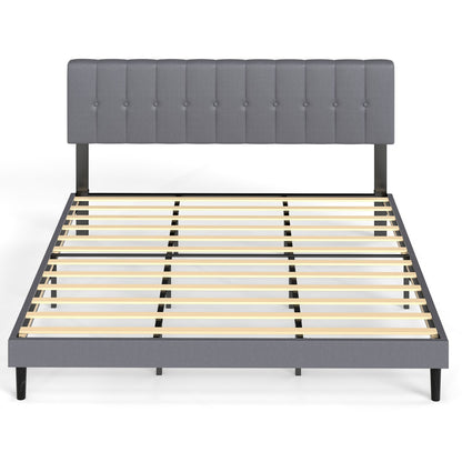 Upholstered Platform Bed Frame with Tufted Headboard (Gray, Iron Frame & Wood Slats) – Twin/Full/Queen/King