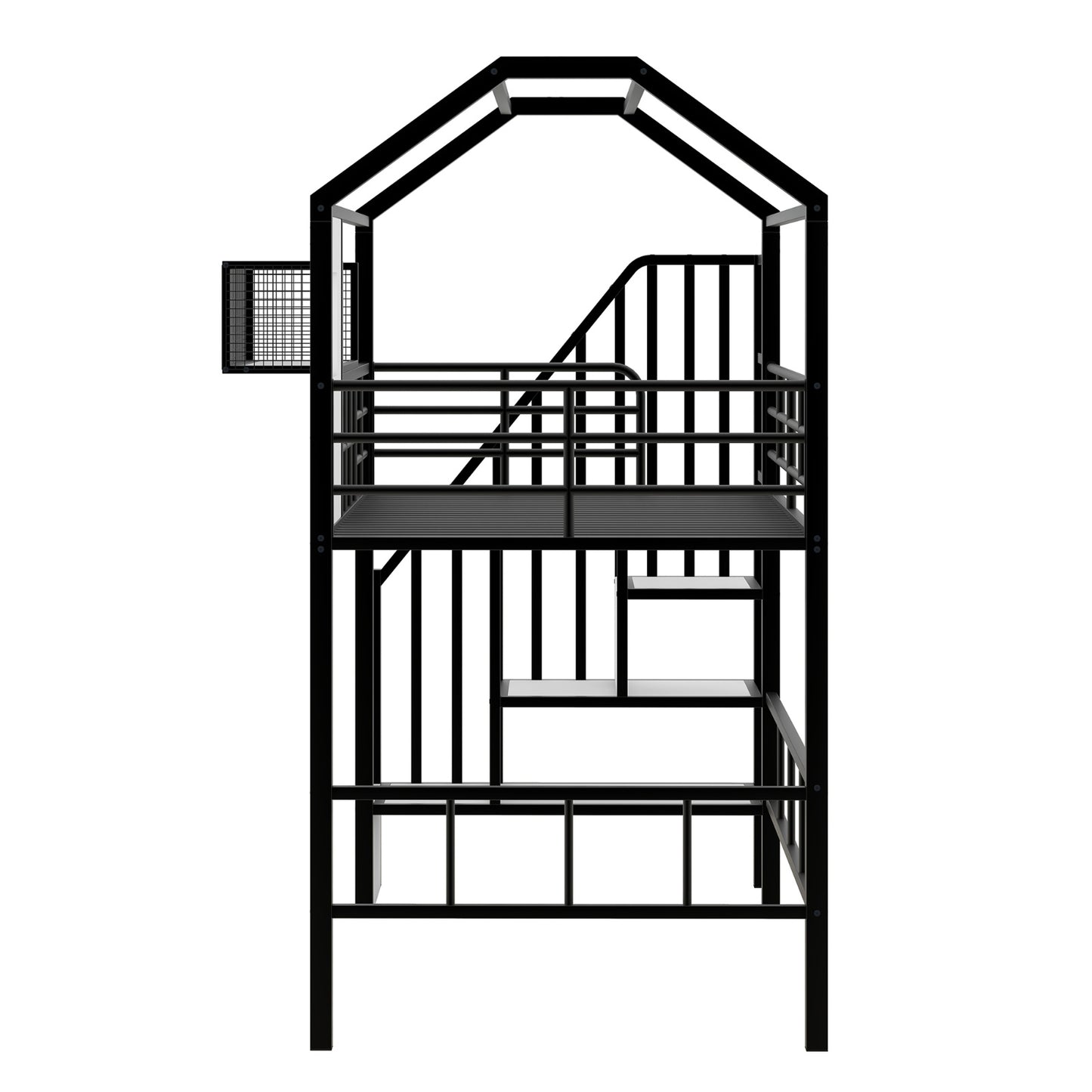 Twin Metal Loft Bed with Roof Design, Guardrails, and Storage Box