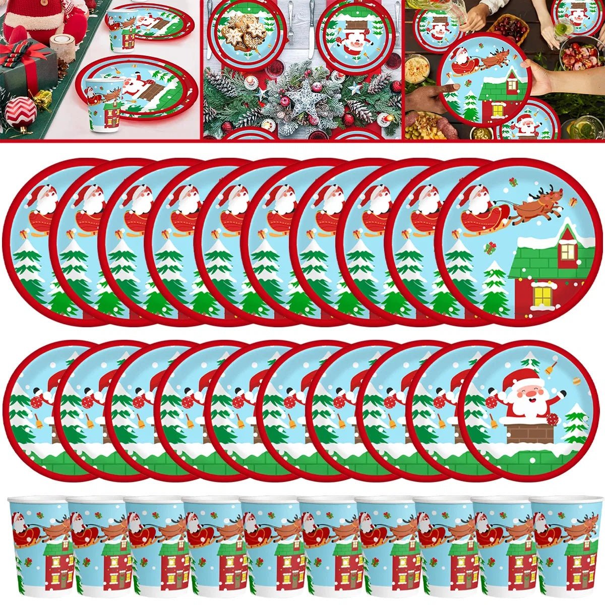 30Pcs Christmas Party Tableware Set – Disposable Paper Plates & Cups with Santa & Reindeer Design