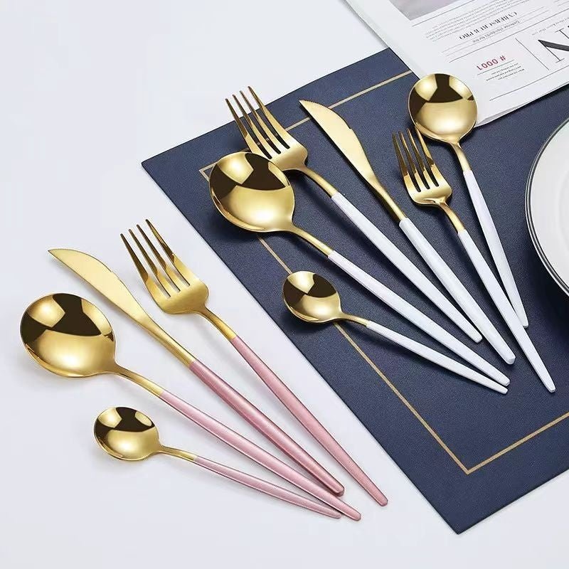 Modern Portugal 304 Stainless Steel Cutlery Set – Golden Knife, Fork & Spoon Flatware Collection