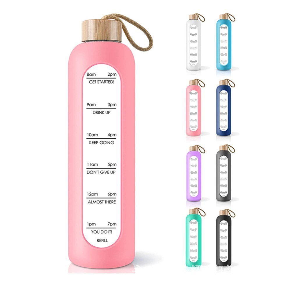 Large Capacity Portable Glass Water Bottle with Time Marker