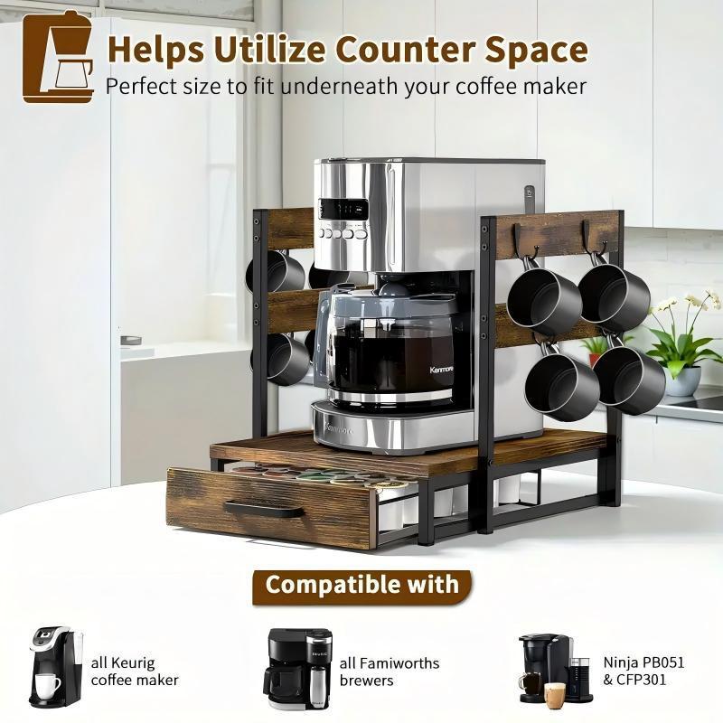 Coffee Maker Storage Rack with Cup Holder and K-Cup Drawer, Sturdy Countertop Organizer for Kitchen and Office