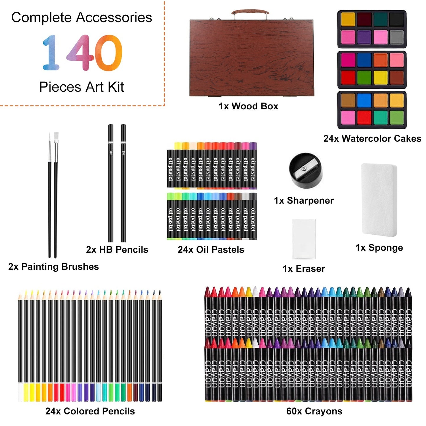 140Pcs Professional Art Kit – Colored Pencils, Oil Pastels, Crayons, Watercolor Cakes & Brushes in Wooden Box