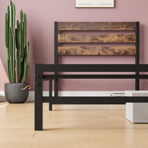 Twin Platform Bed Frame w/ Rustic Wood Headboard & Metal Slats (No Box Spring Needed, Rustic Brown)
