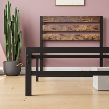 Twin Platform Bed Frame w/ Rustic Wood Headboard & Metal Slats (No Box Spring Needed, Rustic Brown)