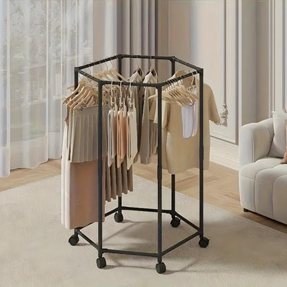 Hexagonal Rotating Clothes Hanger – Freestanding Metal Garment Rack with Wheels
