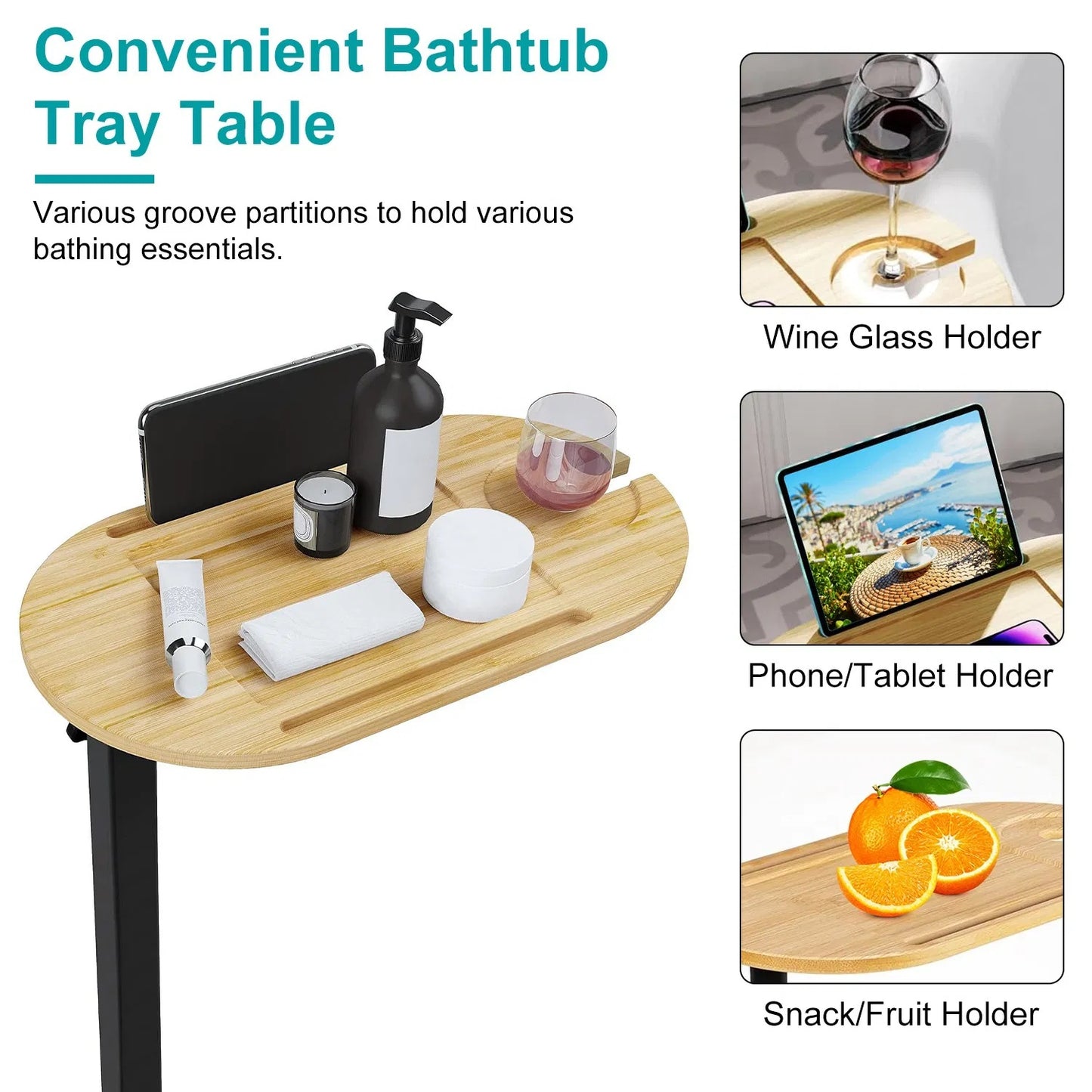 Freestanding Bamboo Bathtub Tray Table – Adjustable Bath Caddy for Spa & Bathroom Organization