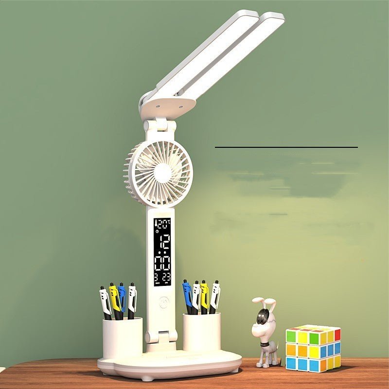 Multifunction LED Desk Lamp, Foldable with Fan, Clock, & Pen Holder