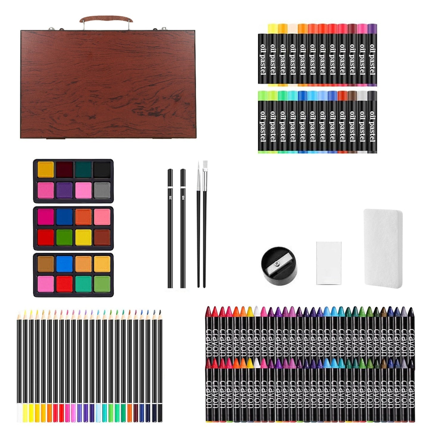140Pcs Professional Art Kit – Colored Pencils, Oil Pastels, Crayons, Watercolor Cakes & Brushes in Wooden Box