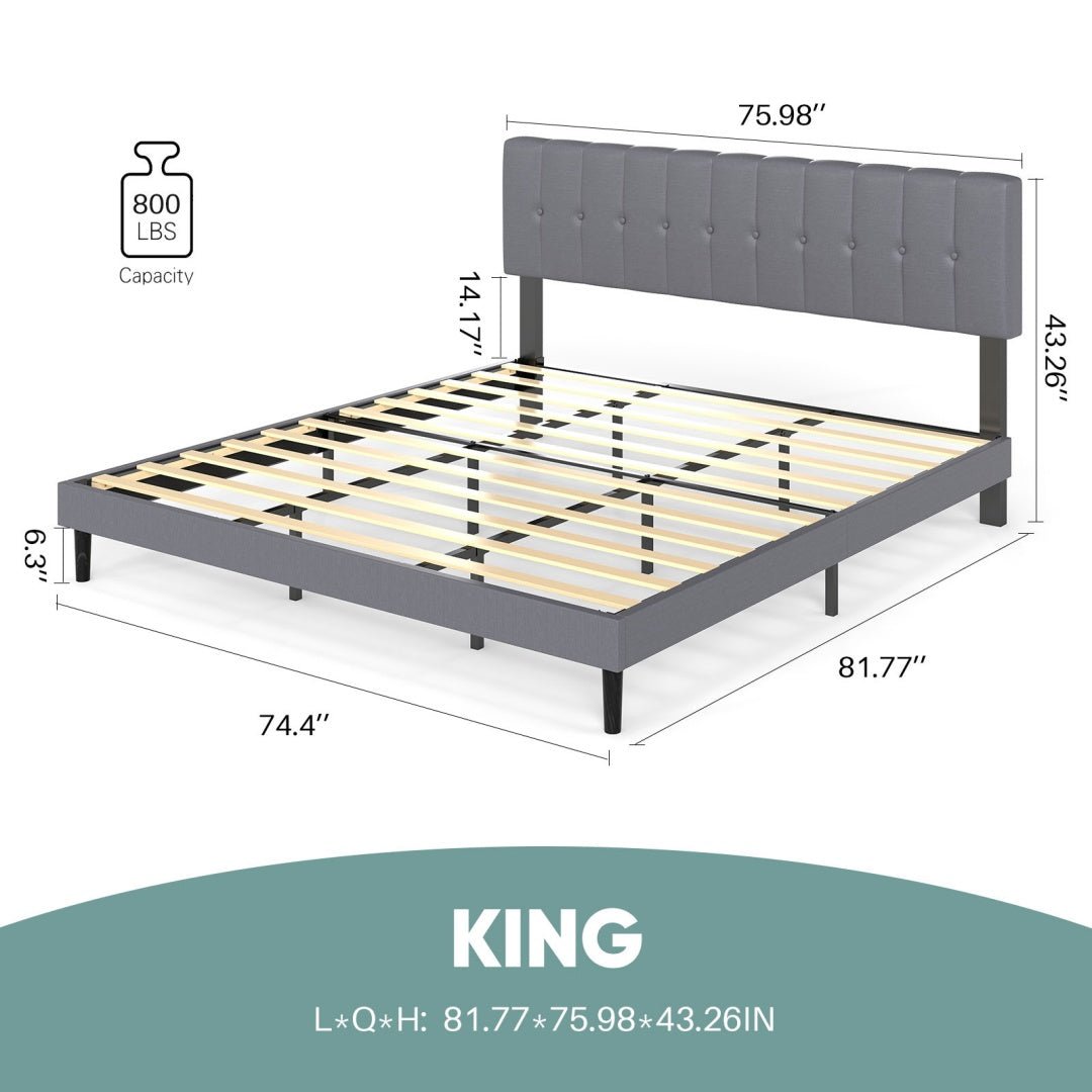 Upholstered Platform Bed Frame with Tufted Headboard (Gray, Iron Frame & Wood Slats) – Twin/Full/Queen/King - DonoHome