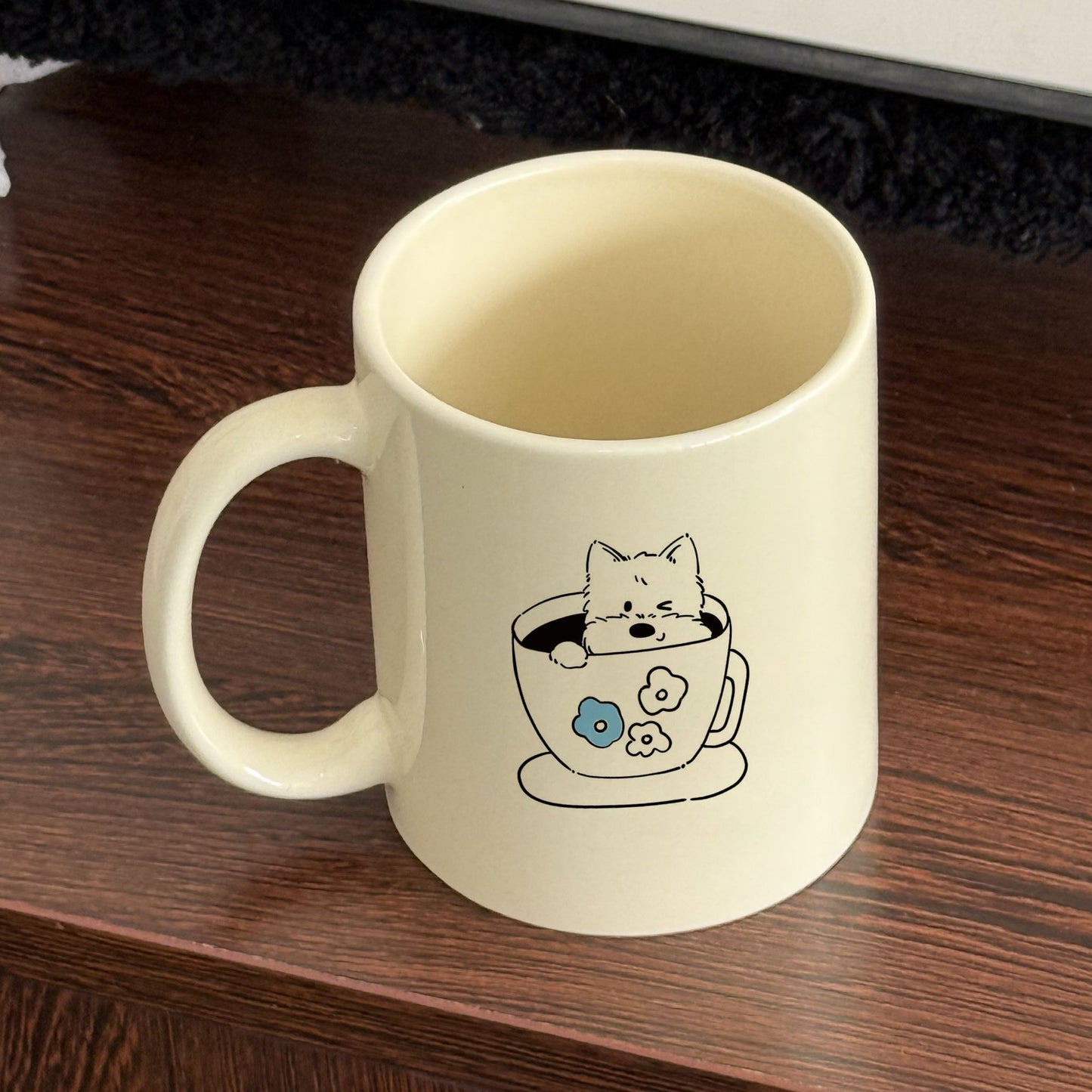 Cute West Highland Terrier Puppy Ceramic Mug with Wood Lid & Spoon