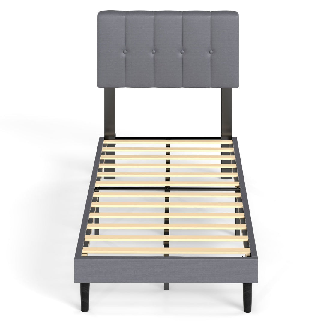 Upholstered Platform Bed Frame with Tufted Headboard (Gray, Iron Frame & Wood Slats) – Twin/Full/Queen/King