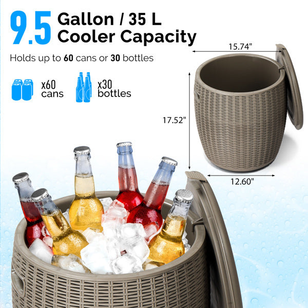 Rattan-Look Outdoor Cooler Side Table, 9.5-Gallon Ice Bucket (Taupe, Plastic)
