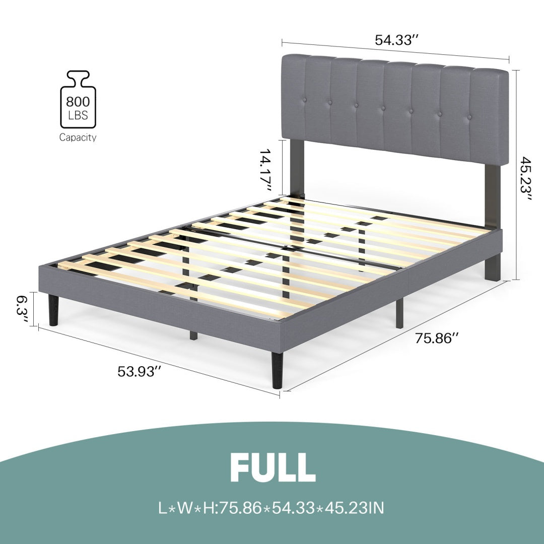Upholstered Platform Bed Frame with Tufted Headboard (Gray, Iron Frame & Wood Slats) – Twin/Full/Queen/King