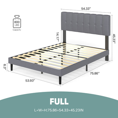 Upholstered Platform Bed Frame with Tufted Headboard (Gray, Iron Frame & Wood Slats) – Twin/Full/Queen/King