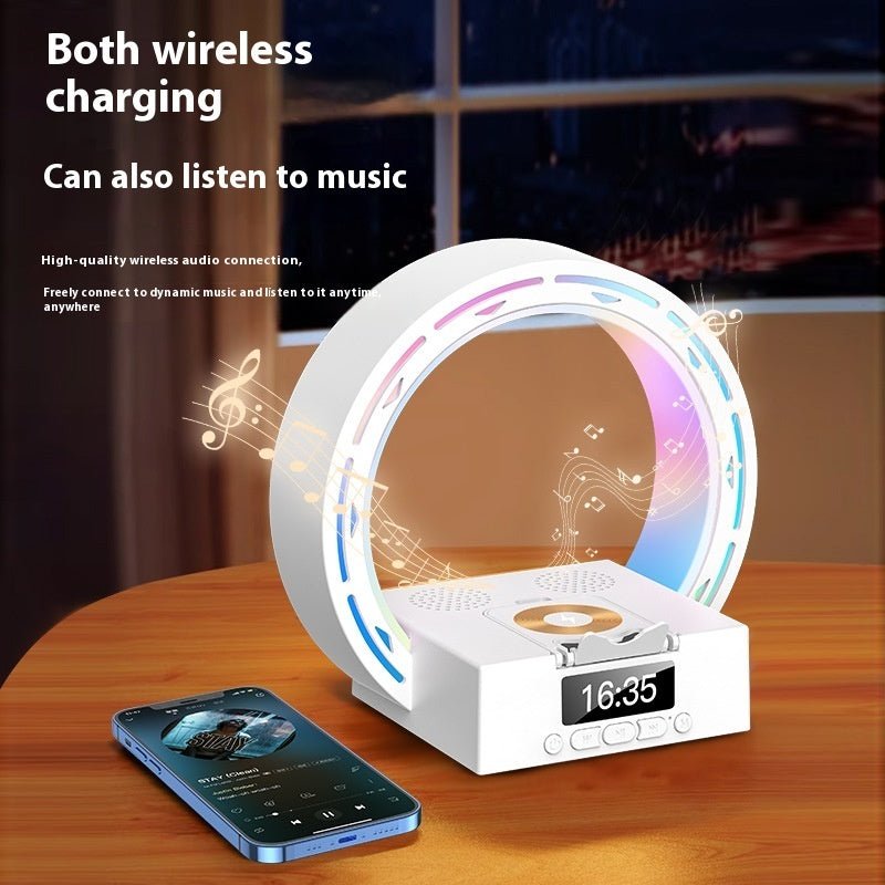 4-in-1 Wireless Charger & Bluetooth Speaker, LED Bedside Lamp with Alarm Clock