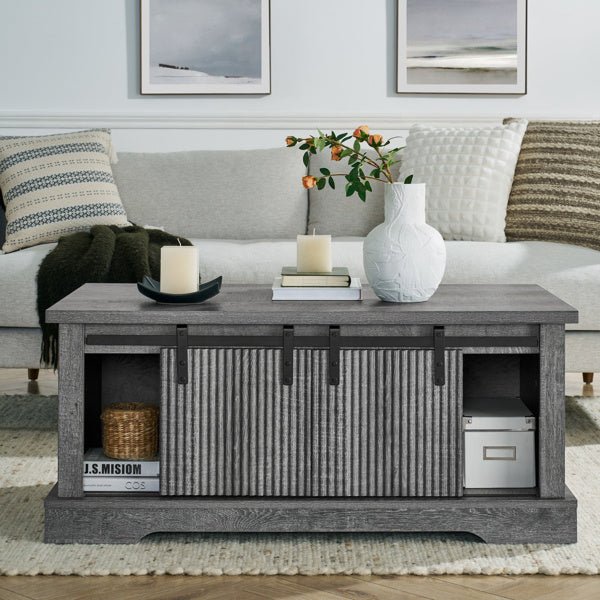 Rustic Farmhouse Coffee Table with Sliding Doors & Storage Shelves - 41 Inch - DonoHome