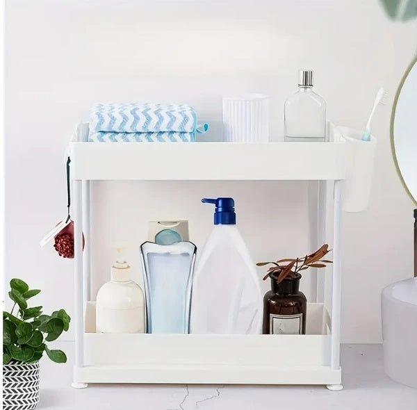 Sink Shelf Organizer Rack 1 Pack – 2-Tier Under Sink Storage Shelf with Pull-Out Basket, Hooks, and Drainage Design for Kitchen or Bathroom