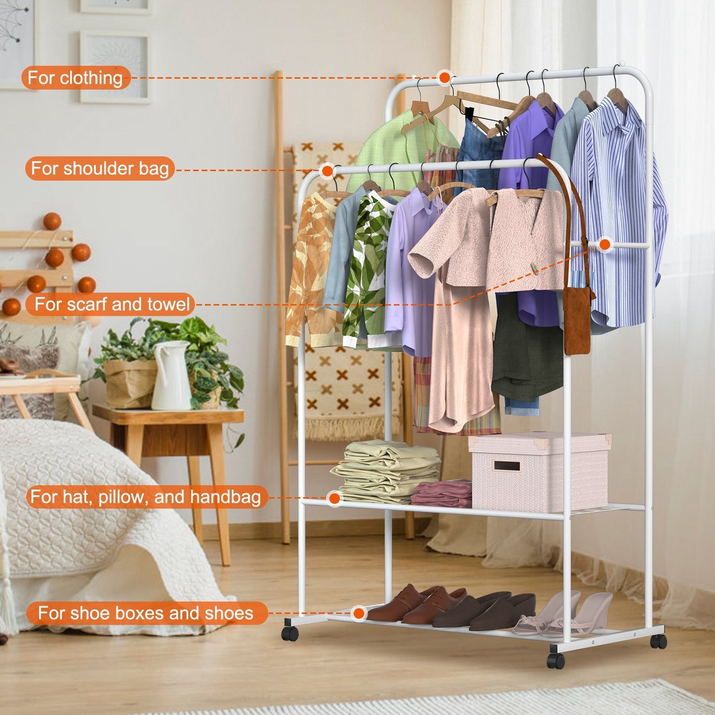 Rolling Garment Hanging Rack – Clothes Organizer with Double Rail, Bottom Shelf & Lockable Wheels