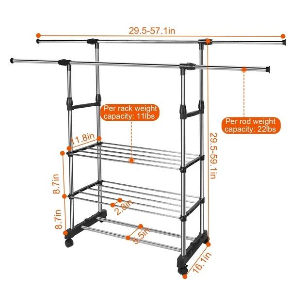 Garment Hanging Rack Extendable Clothing Hanging Rail Organizer With Rolling Wheels Hold Up To 77LBS Max Load