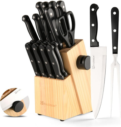 19-Piece Kitchen Knife Set w/ Block & Built-in Sharpener (German Steel, Dishwasher-Safe)