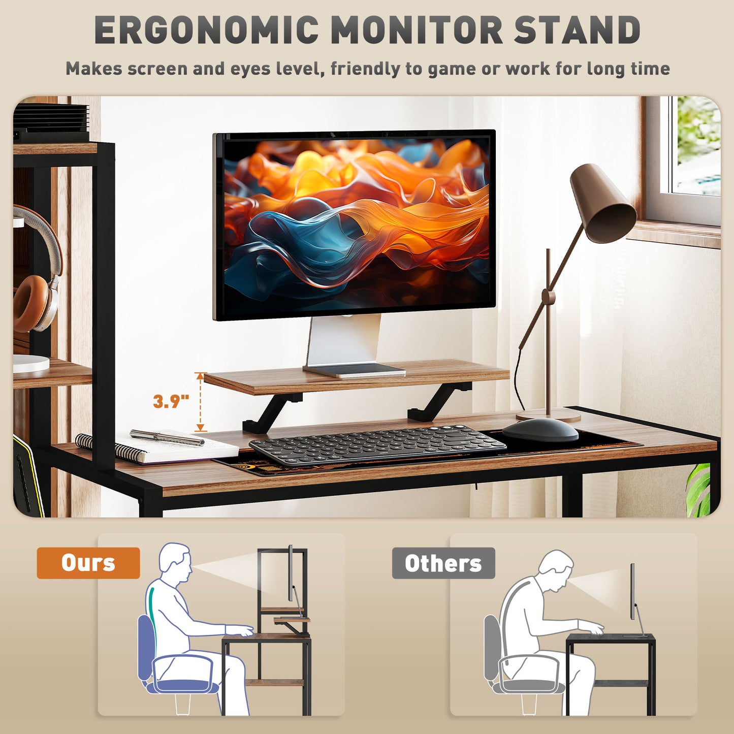 Computer Desk with Monitor Stand & Reversible 4-Tier Shelf (59″, Industrial Brown)