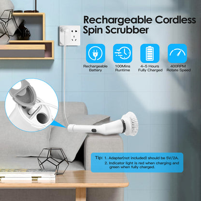 1Set Electric Spin Scrubber Cordless Rechargeable Telescopic Cleaning Brush 6 Replaceable Heads 2 Speed Adjustable Extension Arm Bathroom Tub Tile Floor