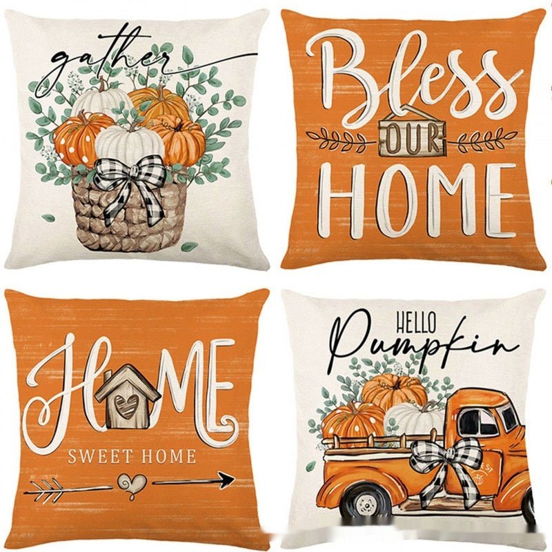4-Piece Printed Linen Throw Pillowcase Set, Autumn Pumpkin Decor