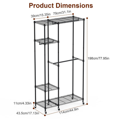 Heavy-Duty Garment Rack with Wheels, 4-Tier Shelves & 3 Hanging Rods (44.9″×17.13″×77.95″, Carbon Steel)