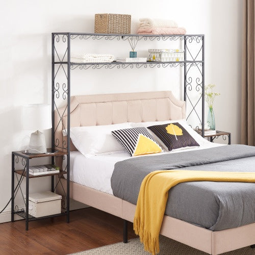 Queen Bed Frame with Bookcase Headboard & 2 Nightstands (Iron + Wood, Rustic Brown)