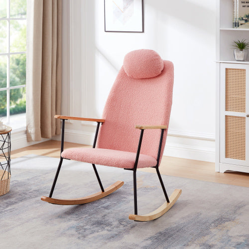Modern Upholstered Rocking Chair with Headrest & Armrests – Living Room/Bedroom (Pink)