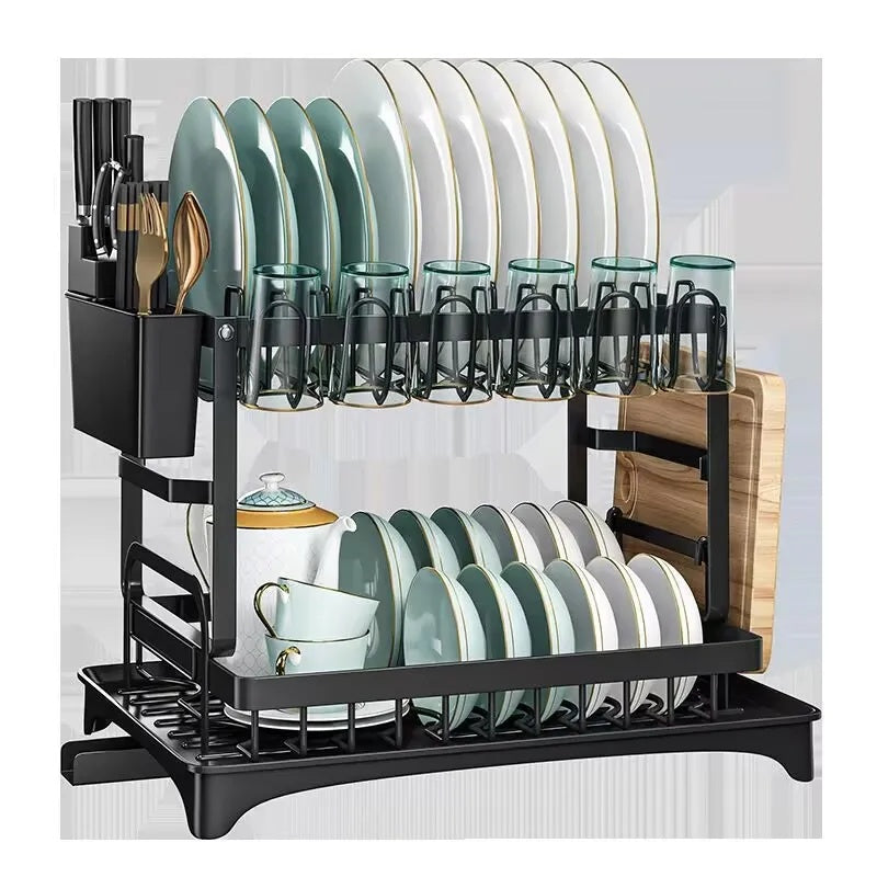 Kitchen Double Layer Dish Drying Rack – Drainage Organizer for Plates, Cups & Utensils