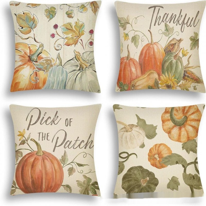 4-Piece Printed Linen Throw Pillowcase Set, Autumn Pumpkin Decor