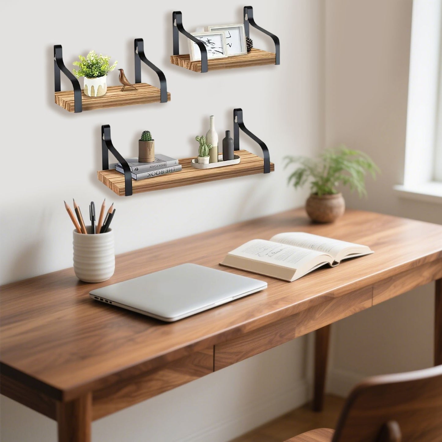3-Piece Rustic Brown Floating Wall Shelves – Wooden Farmhouse Storage & Decor