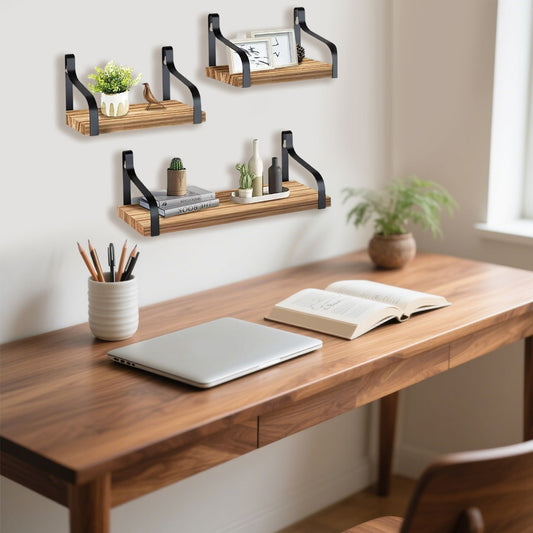 3-Piece Rustic Brown Floating Wall Shelves – Wooden Farmhouse Storage & Decor
