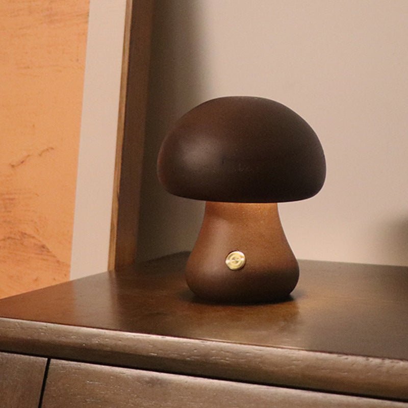 Wooden Mushroom LED Night Light, Touch-Activated Bedside Table Lamp