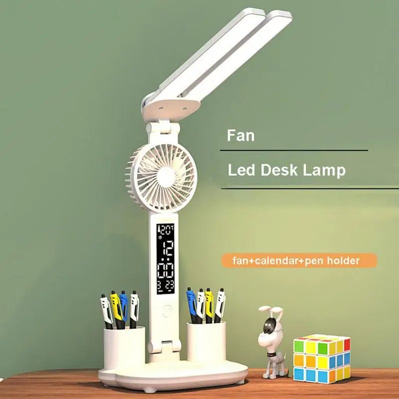 Multifunction LED Desk Lamp, Foldable with Fan, Clock, & Pen Holder
